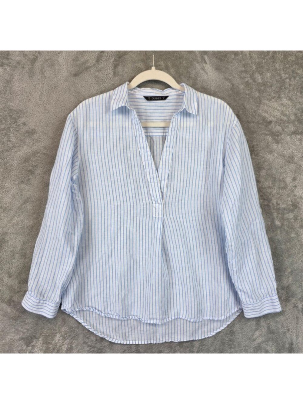 Dunnes Stores Blouse Womens M Blue Striped Collared Long Sleeve Linen Tunic